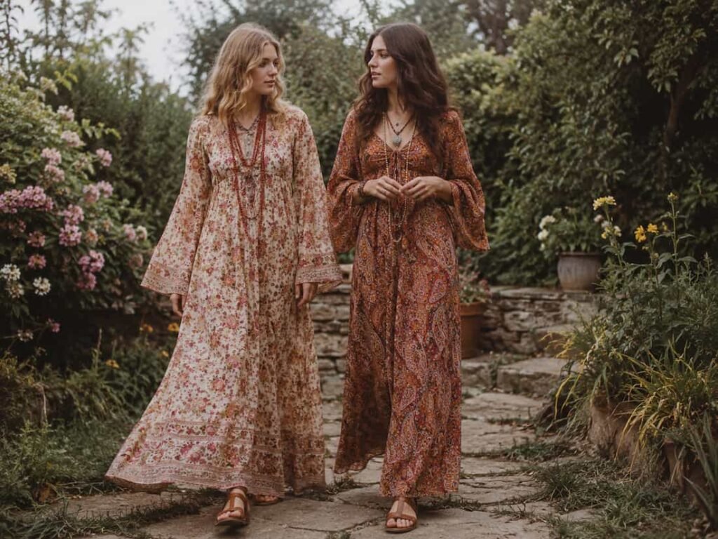 Women wearing floral maxi dresses in the early 1970s