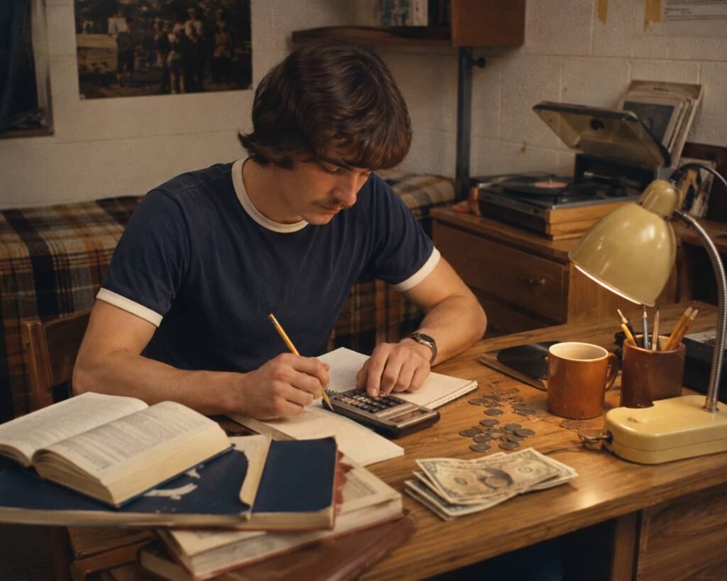 Alt text: College student calculating expenses in a 1970s dorm room