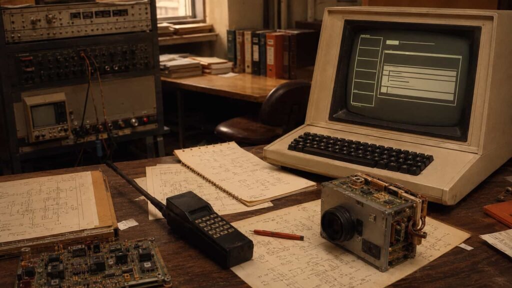 Early mobile phone, digital camera and email technology from the 1970s