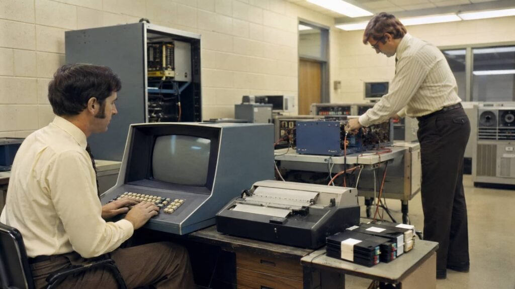 Early 1970s computer laboratory with a laser printer and floppy disks