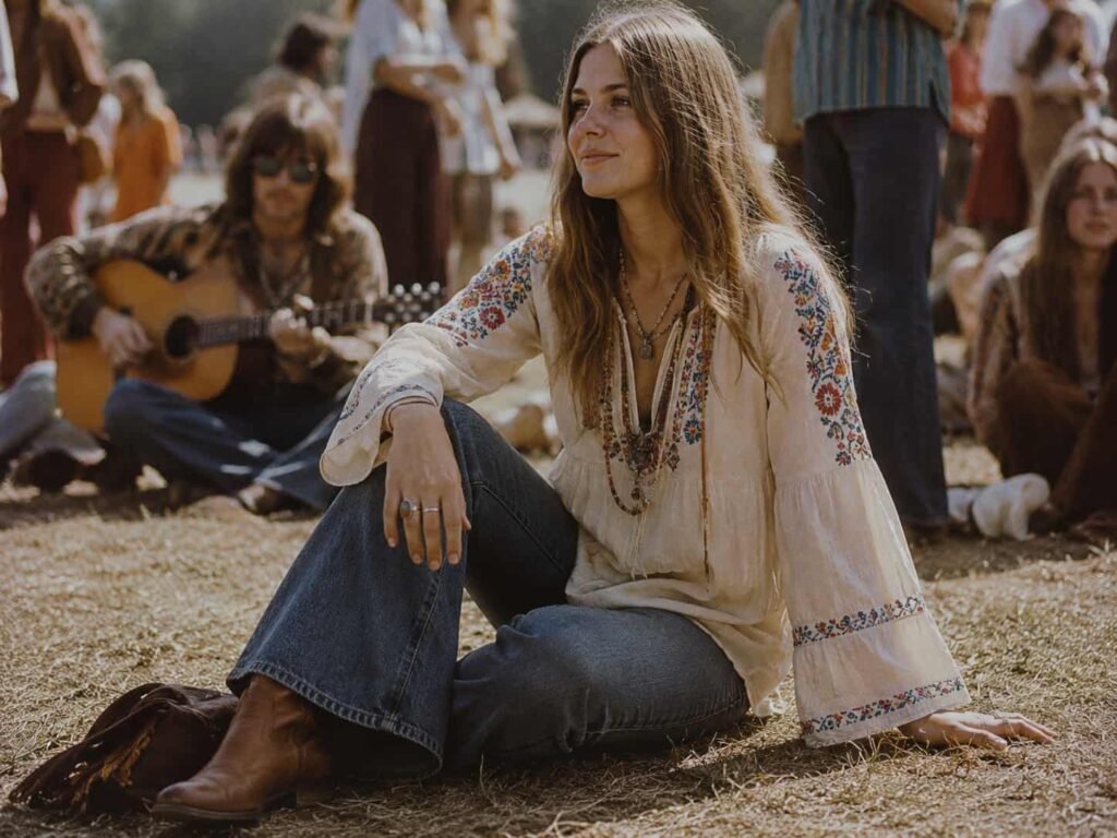Woman wearing an embroidered peasant blouse in the 1970s