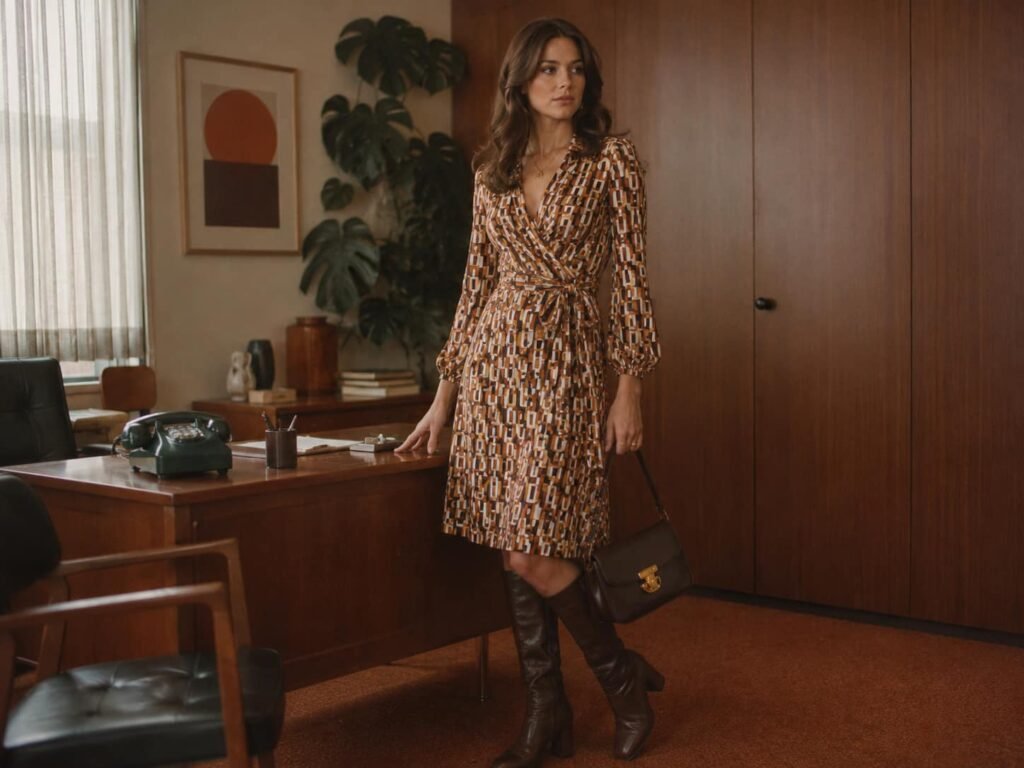Woman wearing a geometric-print wrap dress in the 1970s