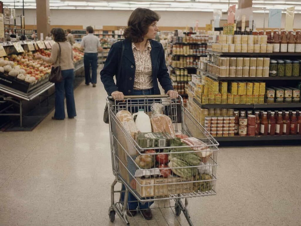 Shopper buying groceries in a 1970s American supermarket