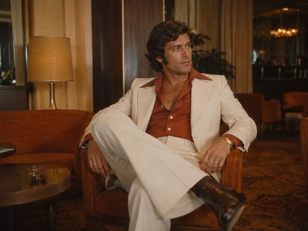 Man wearing a cream leisure suit and wide-collar shirt