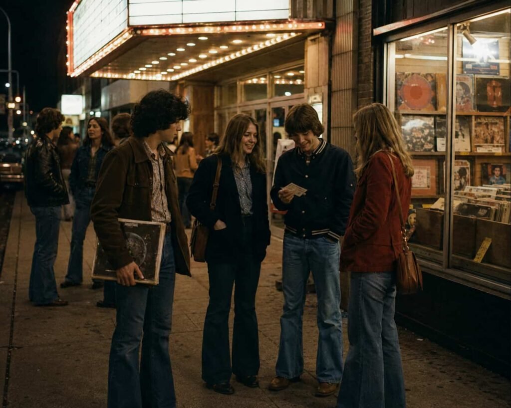 Teenagers outside a movie theater and record shop in the 1970s