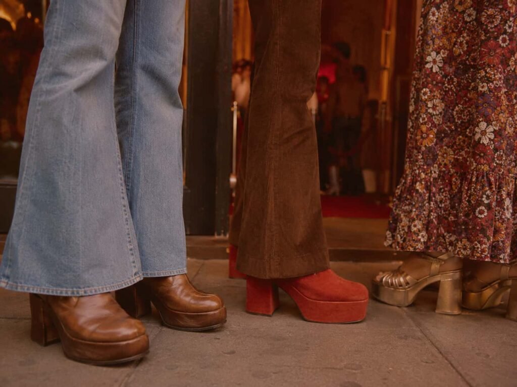 Colorful platform shoes worn with 1970s clothing