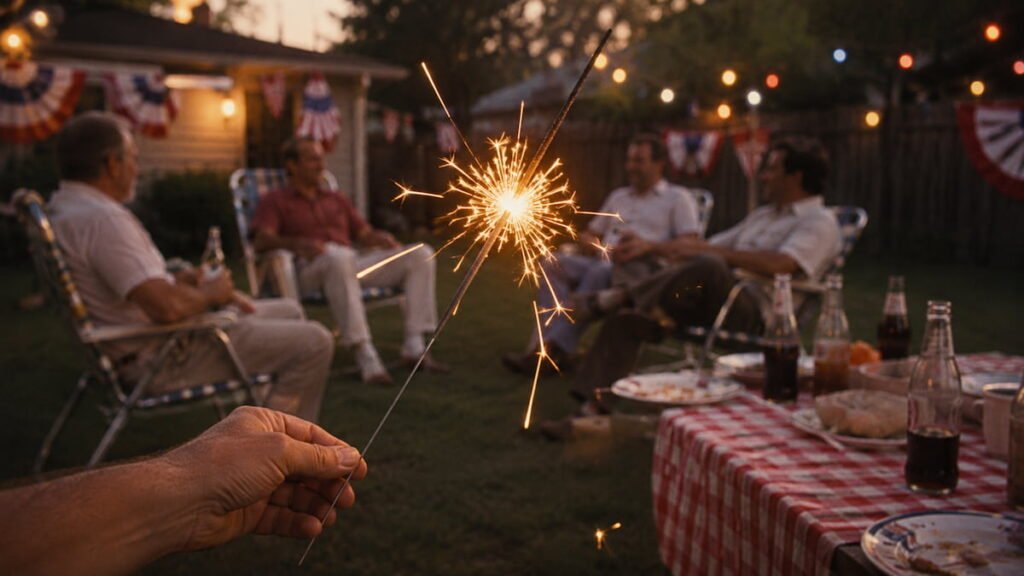 Sparklers glowing during a 1970s Fourth of July evening
