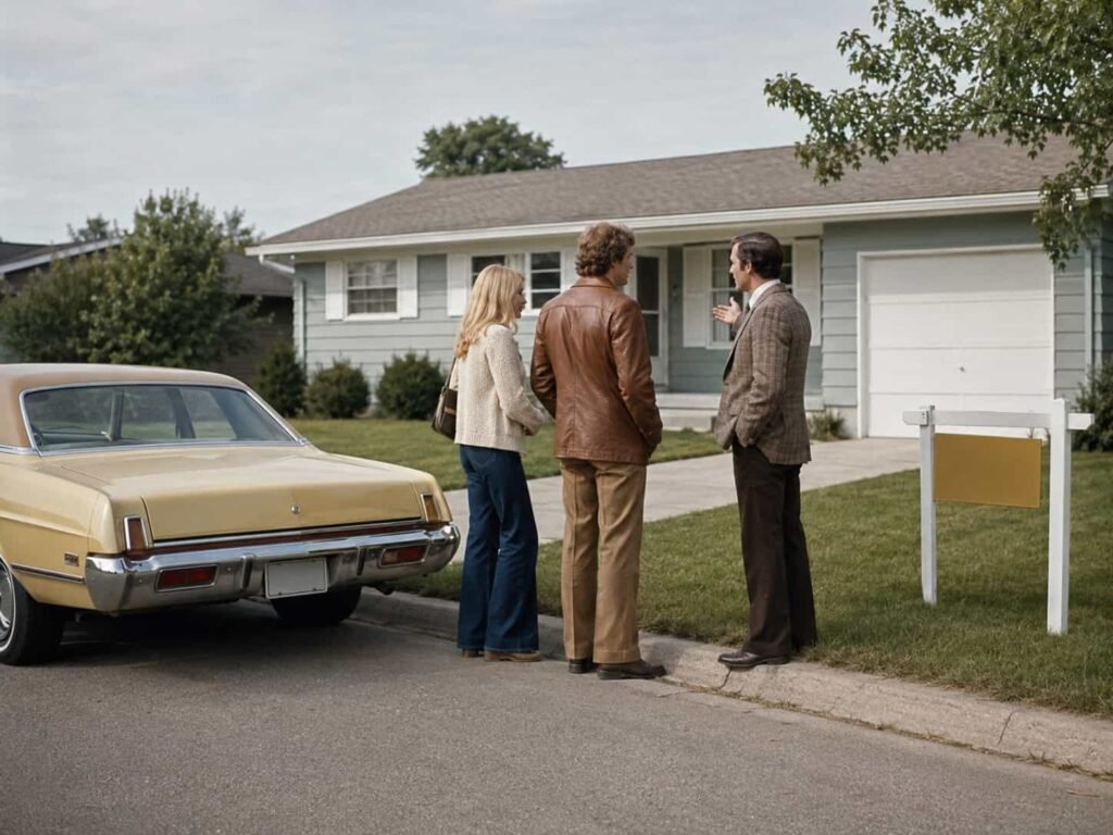 Young couple viewing a suburban American home in the 1970s