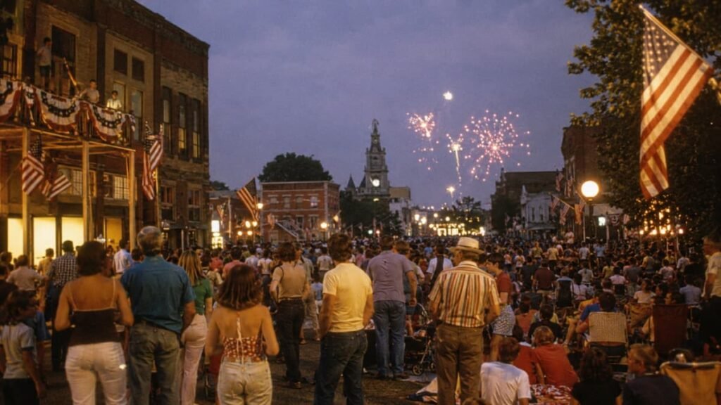 1976 Bicentennial Fourth of July celebration with flags and patriotic decorations