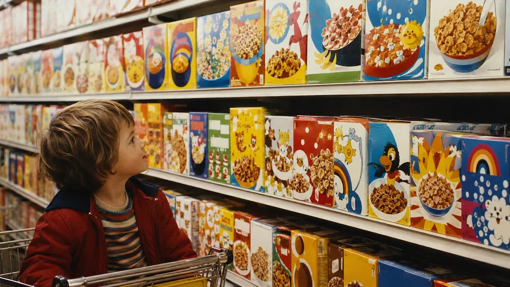 A child looking at colorful cereal boxes in a 1970s supermarket
