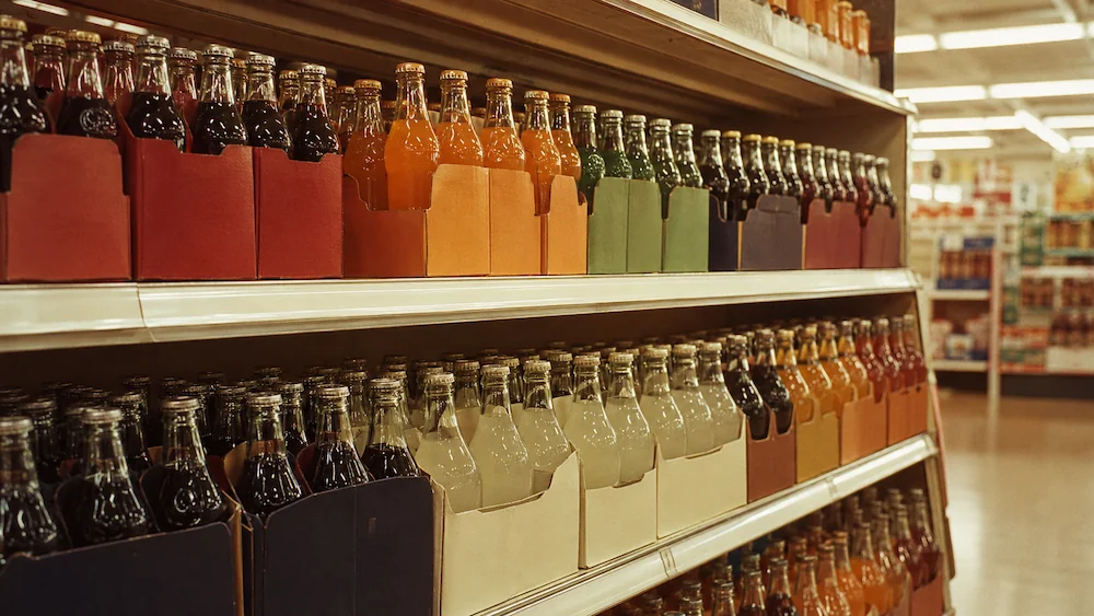 Glass soda bottles in cardboard carriers on a 1970s supermarket shelf