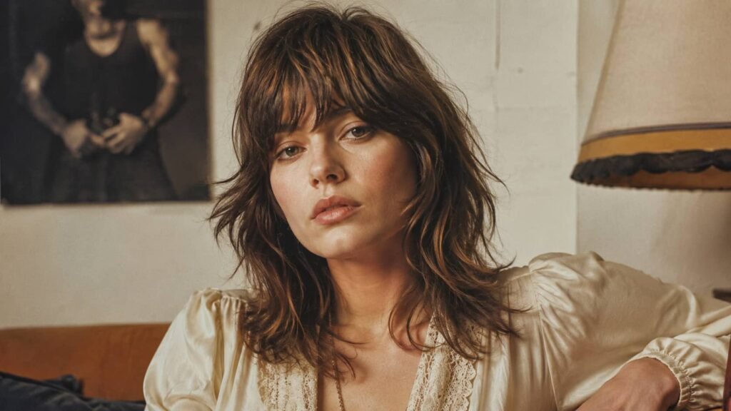 Woman wearing a choppy layered shag haircut in 1970s style