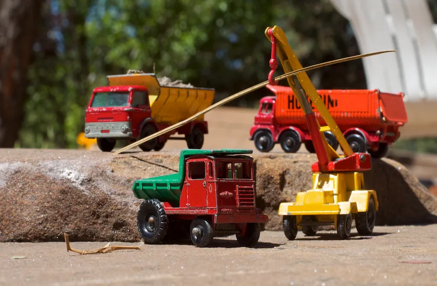 old metal truck and crane toys