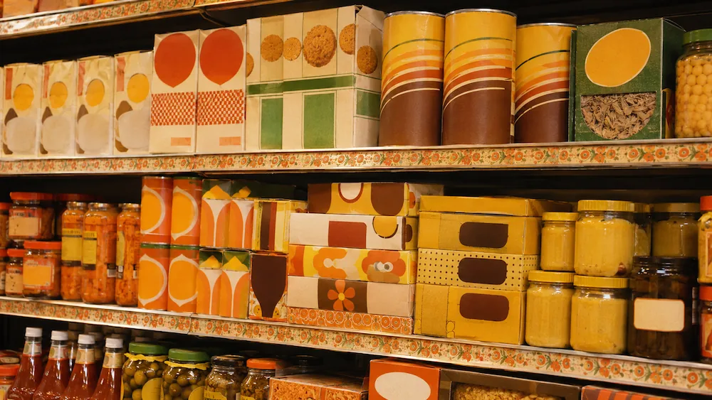 Colorful vintage-style grocery packaging on a 1970s supermarket shelf