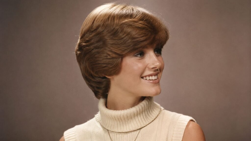 Woman with a rounded 70s wedge haircut