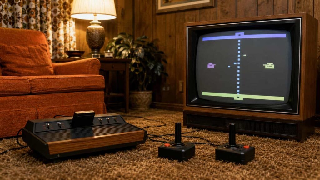 Atari video game console connected to a 1970s television