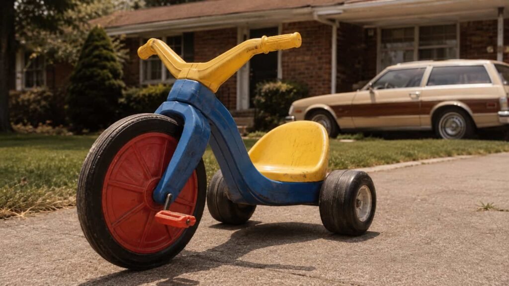 Red and blue Big Wheel tricycle on a 1970s driveway