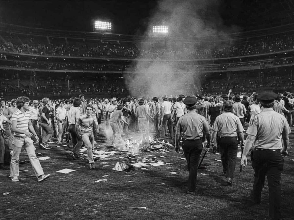 Crowd entering a baseball field during an anti-disco event in 1979