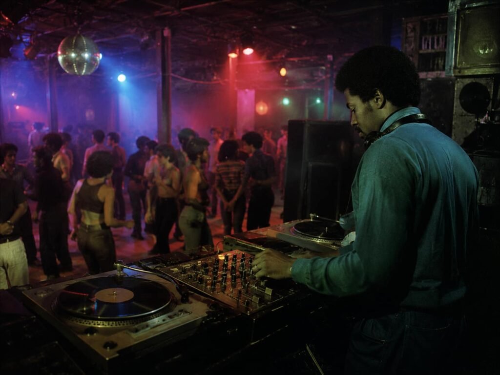 DJ mixing records in an underground club in the early 1980s