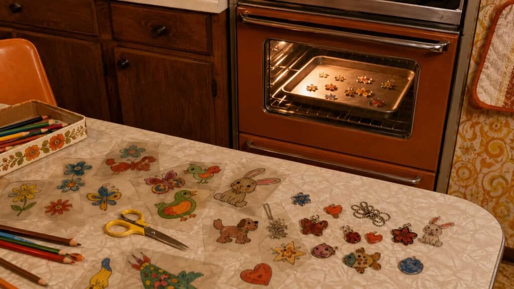 Shrinky Dinks craft pieces on a 1970s kitchen table