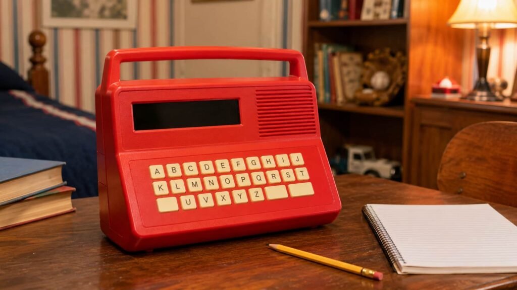 Red Speak and Spell educational toy on a wooden desk