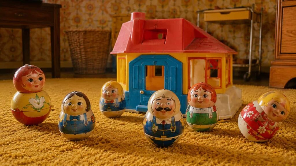 Egg-shaped Weebles with a colorful 1970s playset